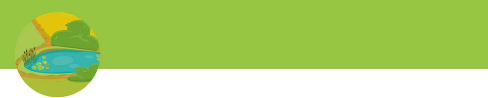 A green oval-shaped background contains a stylized depiction of a pond surrounded by greenery.