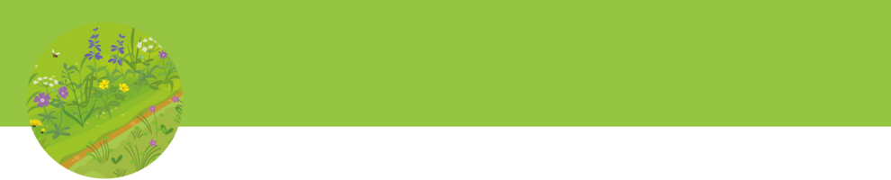 A circular frame with a vibrant garden on a green background.