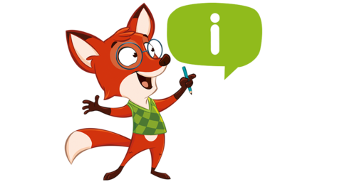 A fox with glasses and a green vest stands holding a pencil, next to a green speech bubble with an "i" in it.