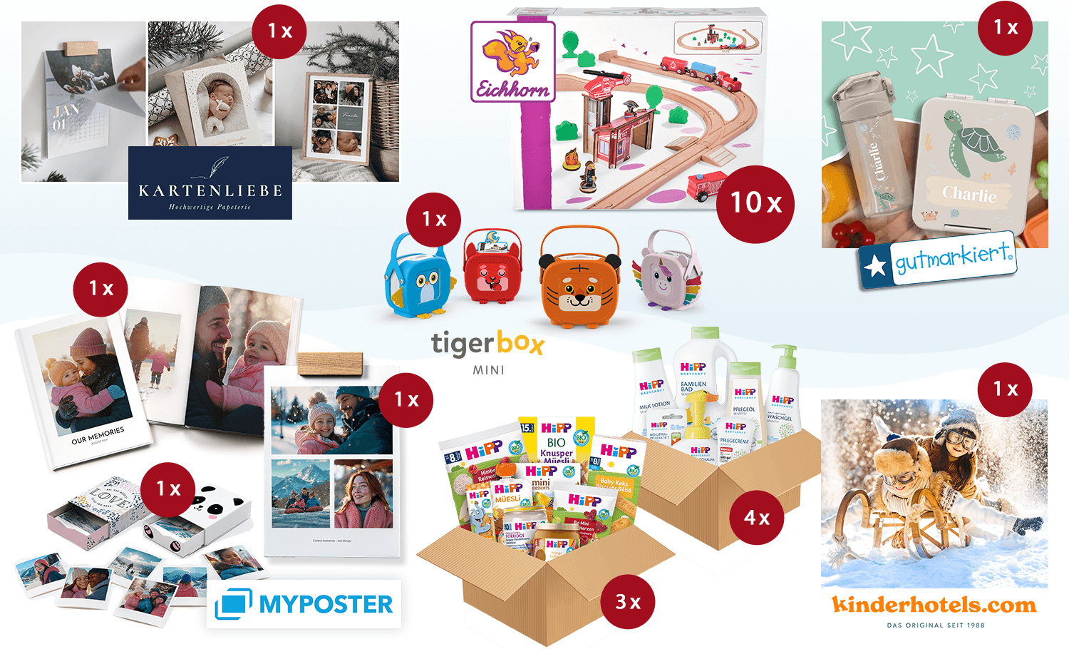 L'image montre les prix de Kartenliebe, Eichhorn, Myposter, Tigerbox, gutmarkiert, Kinderhotels et de deux packages de produits HiPP.