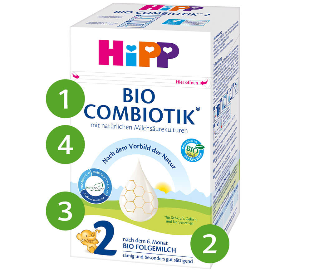 A box of Hipp Bio Combiotik stage 2 baby formula with a focus on its organic and natural ingredients, as indicated by the green and blue labels, and the presence of a honeycomb structure and a droplet graphic.