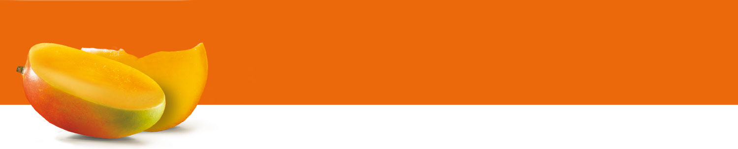 A mango, with a smooth, glossy surface, is presented against a solid orange background.