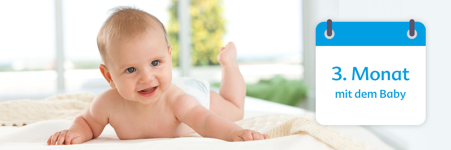 A baby lies on a bed, looking forward, with a calendar to the right displaying the German text "3. Monat mit dem Baby" (3rd month with the baby).