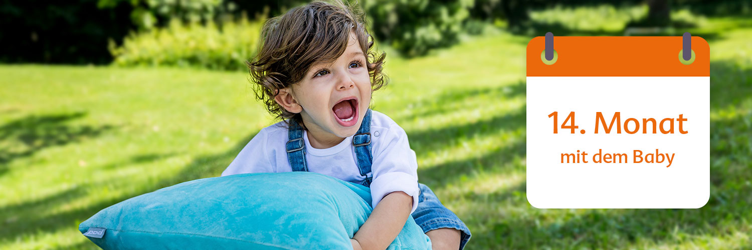A child, outdoors, holding a blue pillow, with a calendar overlay indicating '14. Monat mit dem Baby'.