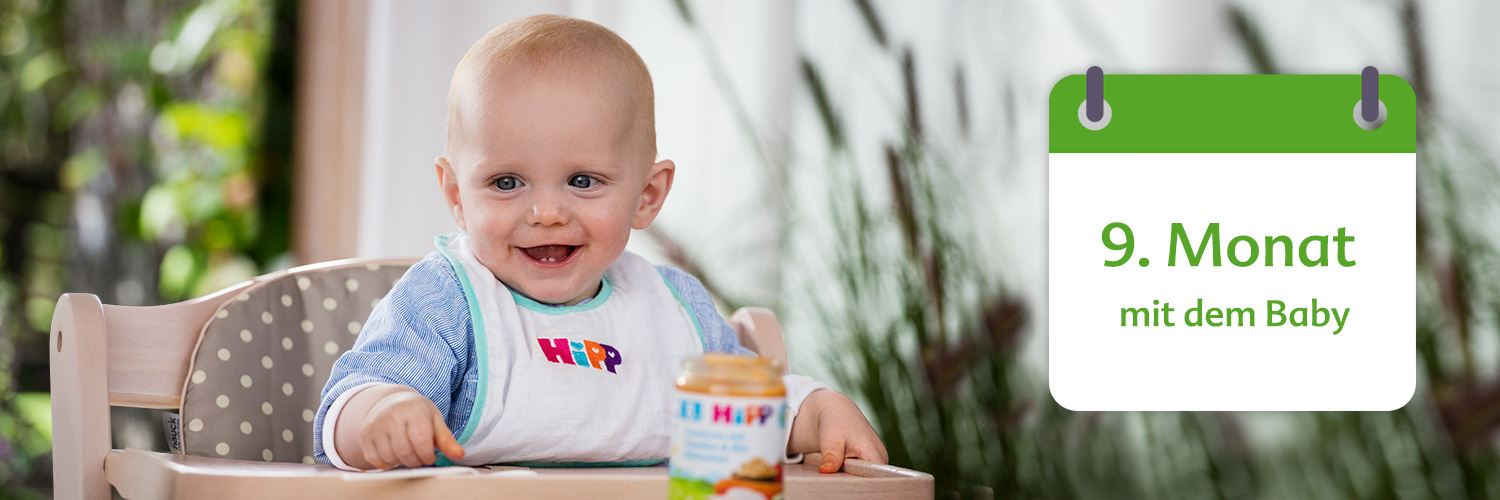 A baby in a high chair with a jar of food, next to a calendar indicating the ninth month of life.