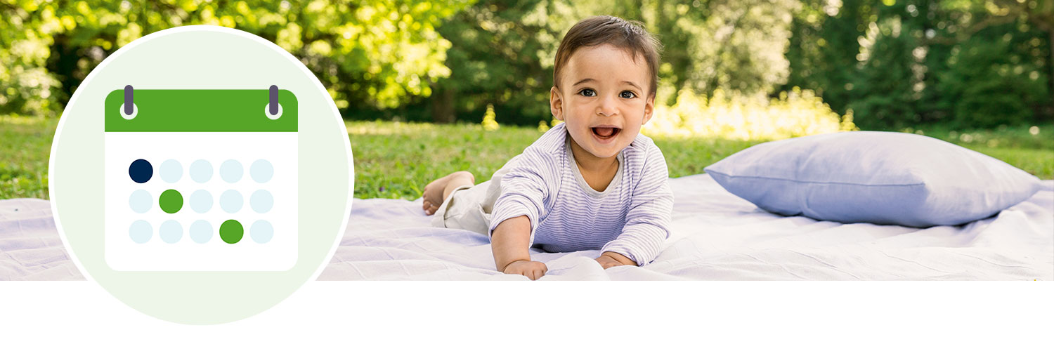 A baby lies on a blanket in a park, with a calendar icon superimposed on the left.