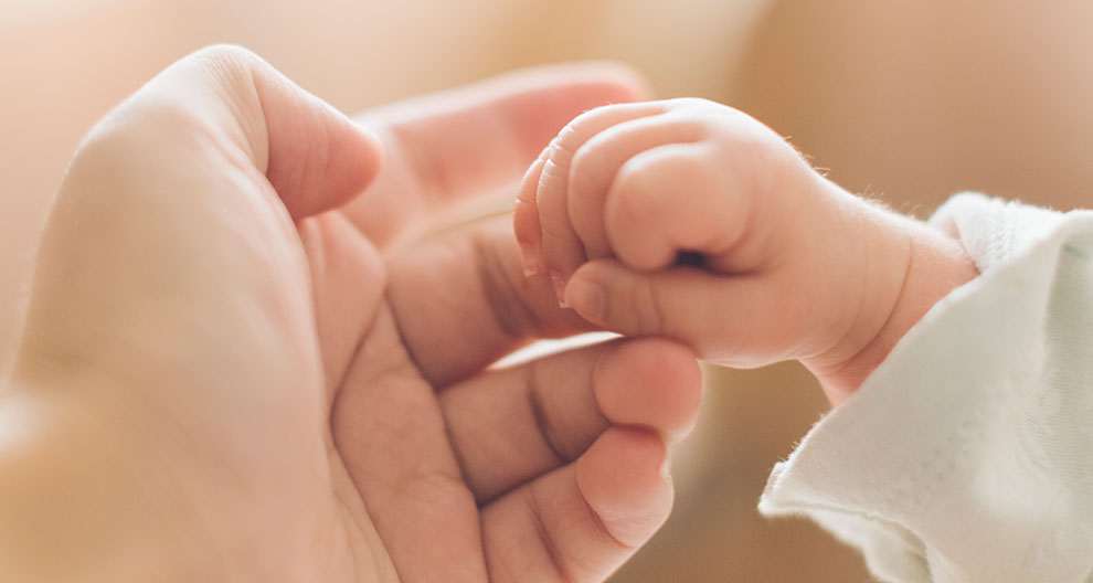 Two hands, one adult and one baby, are holding each other gently.