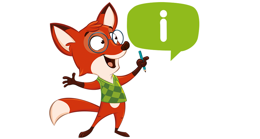 A fox with glasses and a green vest stands holding a pencil, next to a green speech bubble with an "i" in it.