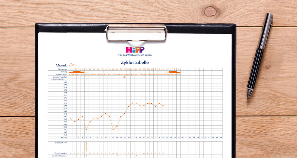A clipboard holds a 'Zyklustabelle' chart, a pen lies adjacent, and the clipboard rests on a wooden surface.