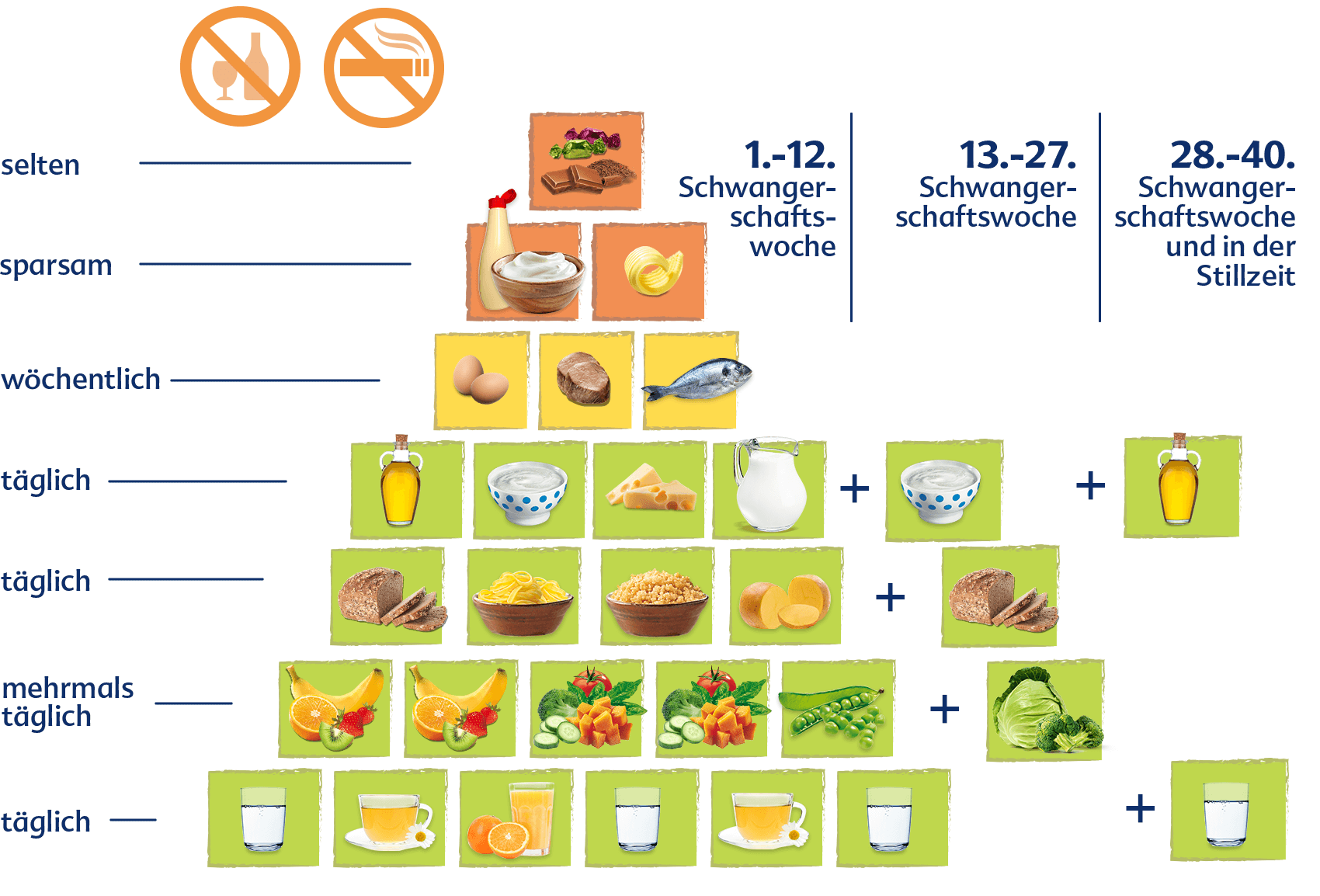 A food pyramid-like structure, categorizing food items based on frequency and age groups, with specific dietary recommendations for each category.